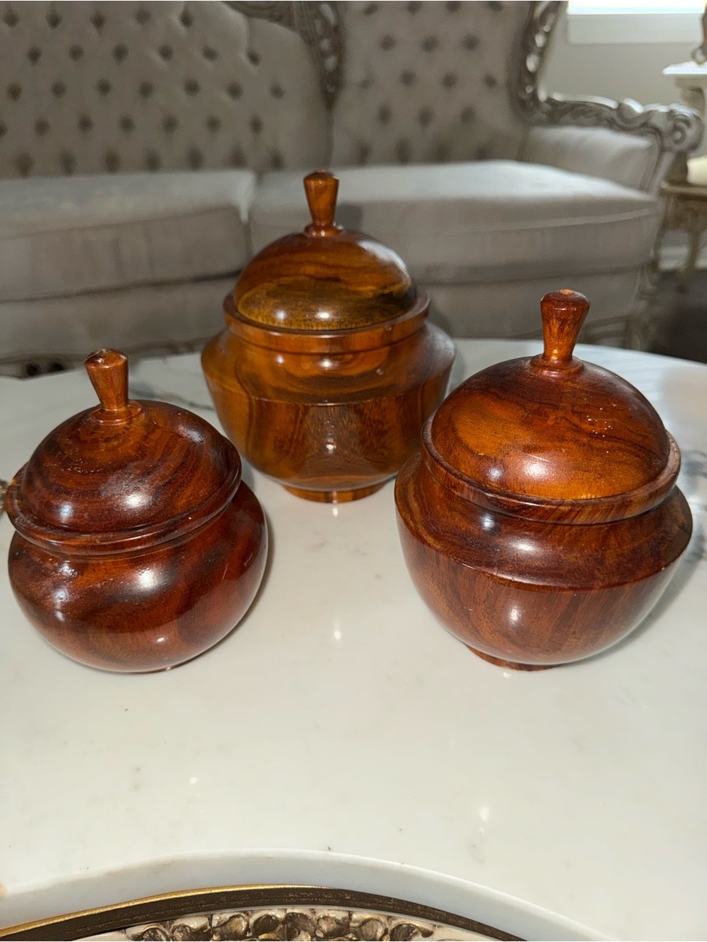 Vintage Hand Turned Wooden Canister Set of 3 Lidded Jars Boho Monkey Pod Style